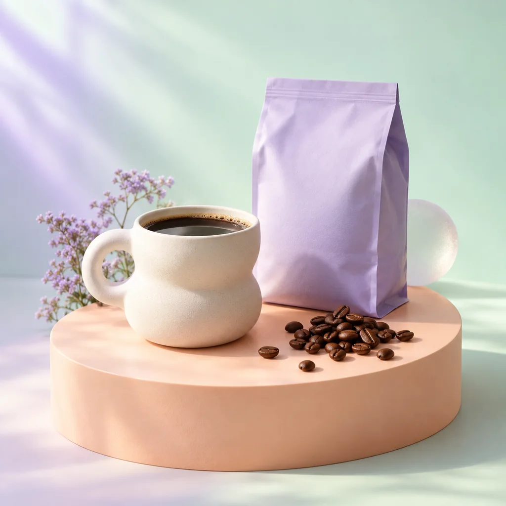 Illustrated coffee ritual with a cup, whole beans and an unbranded lavender pouch